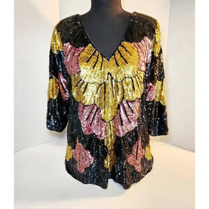 Vintage 1980s Tan-Chho Sequin Silk Blouse Size XL